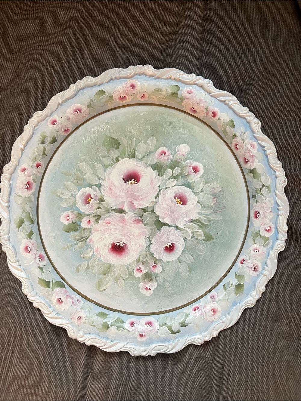Hand-Painted Floral Metal Plate - Pastel Pink and Mint